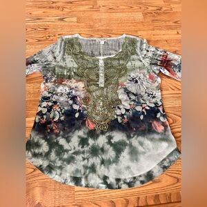 ONE WORLD Green and Gray Floral Blouse PM